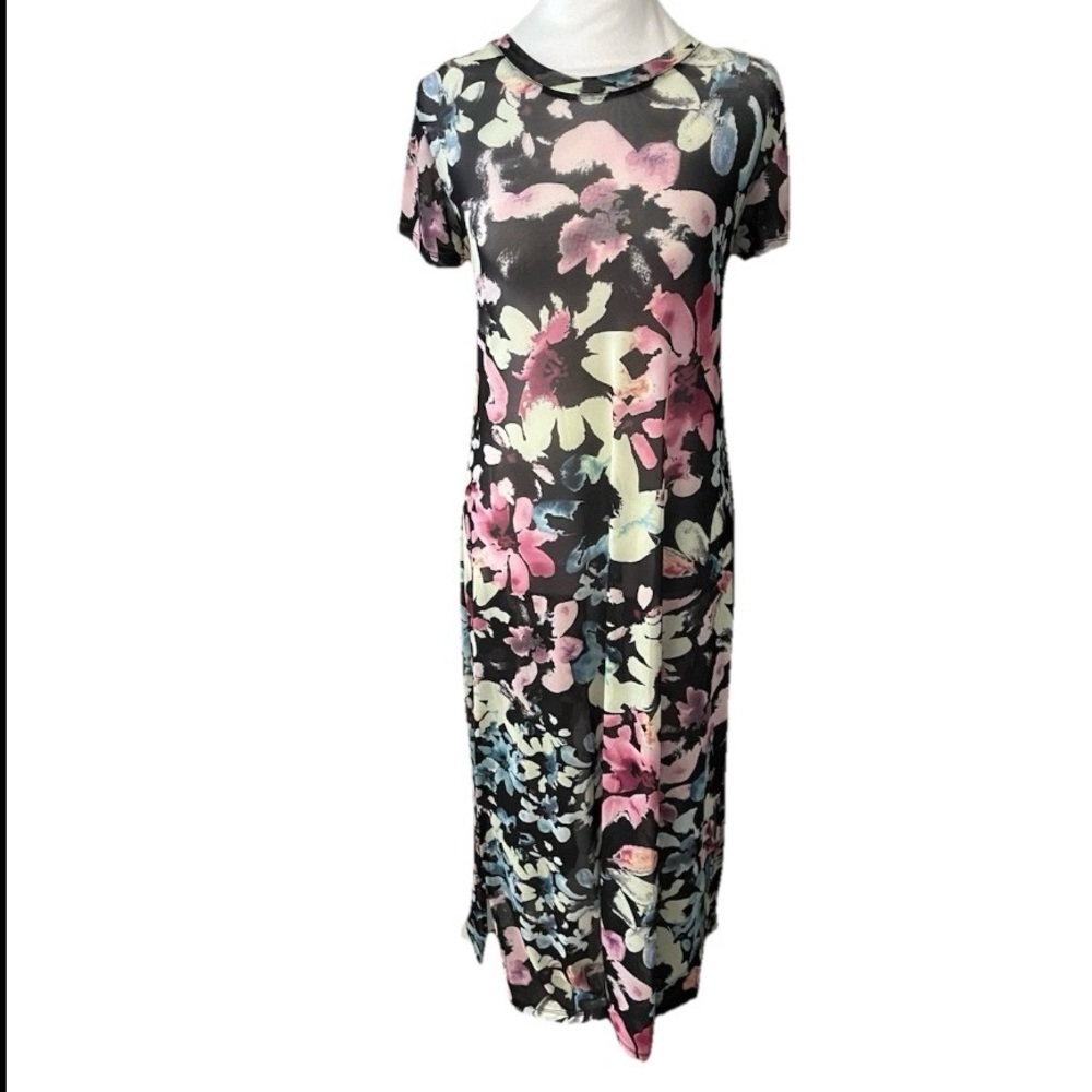 Steve Madden Womens Size M Nola floral SS maxi Bodycon dress Black Pink Sheer